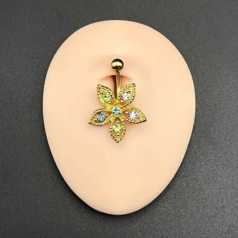 316L Stainless Steel with Multocolored Cubic Zirconia Flower 14G Belly Ring